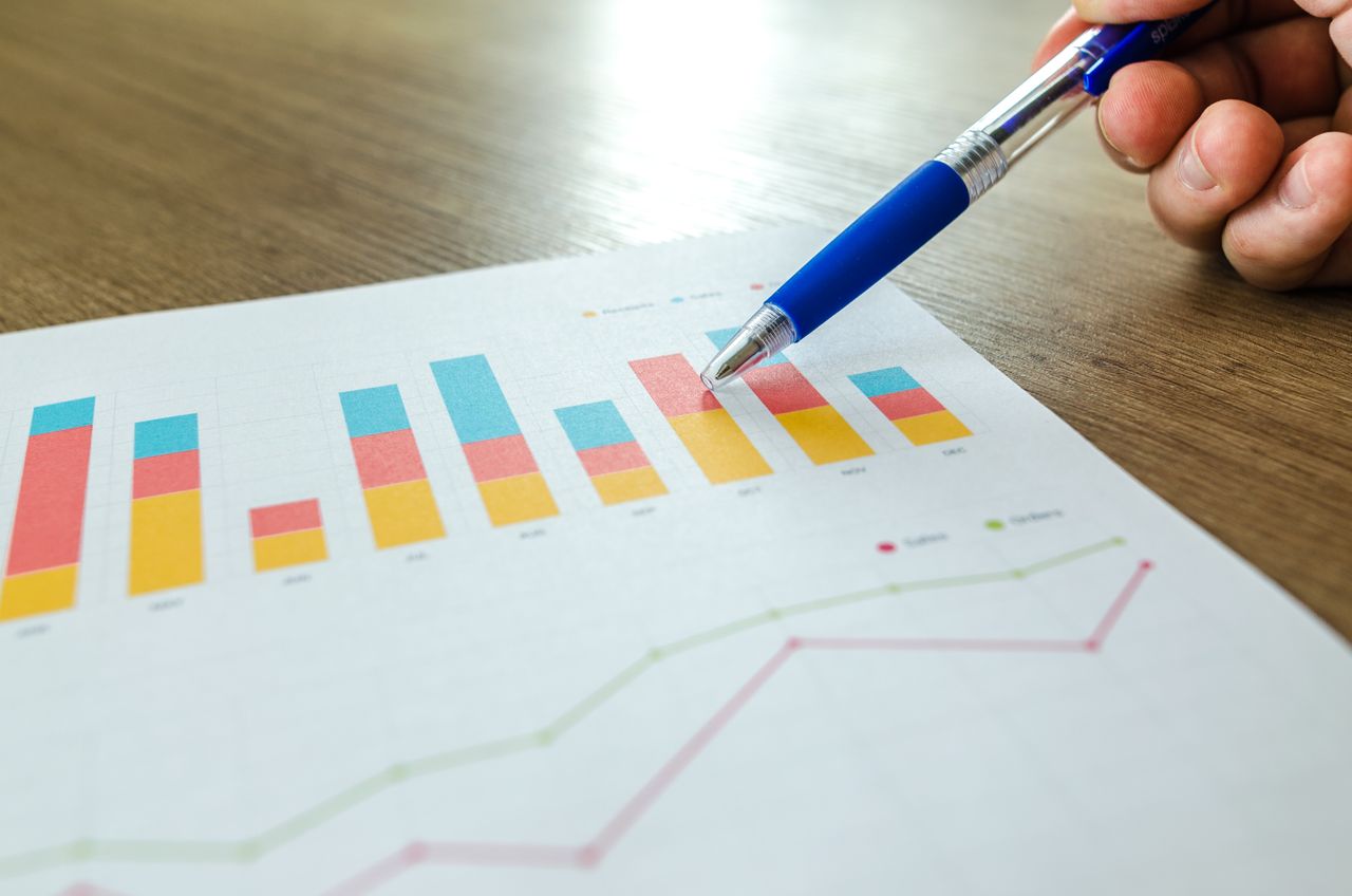 Printed charts and laptop used during cash-flow review